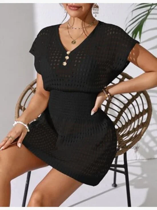 Crochet Mesh Cover Up Mini Dress V Neck Beach Vacation Swimsuit - Picture 6 of 7